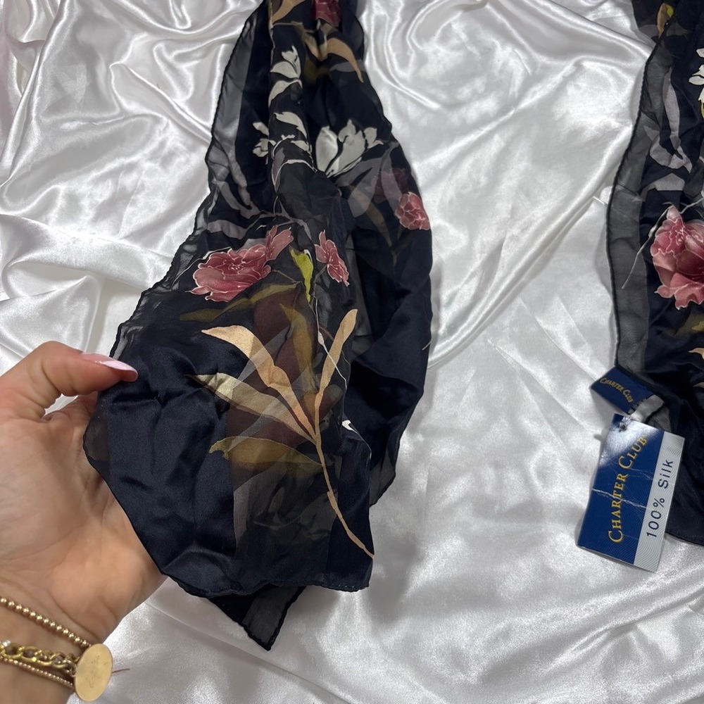vintage Silk Scarf Black New Charter Club Floral Sheer Chiffon Lightweight